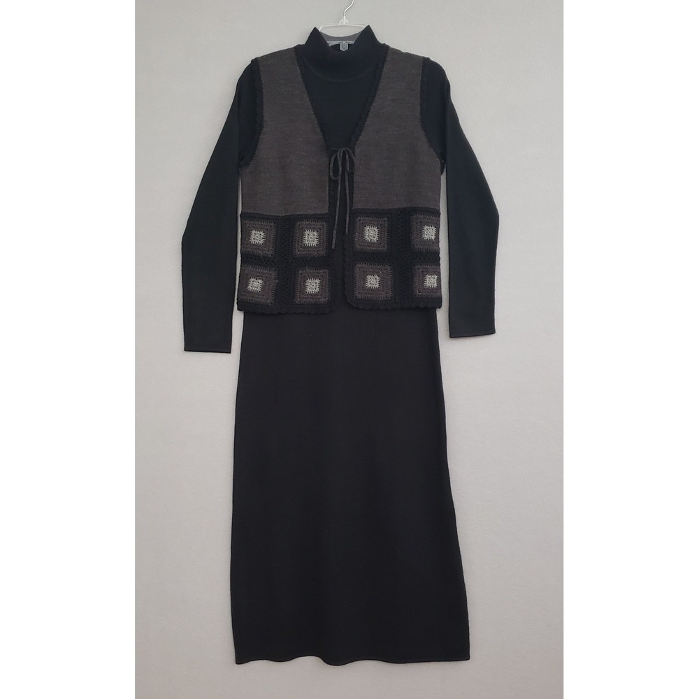 Nina Leonard S Sweater Dress Crochet Vest Black Gray VTG 90s Wool Grannycore
